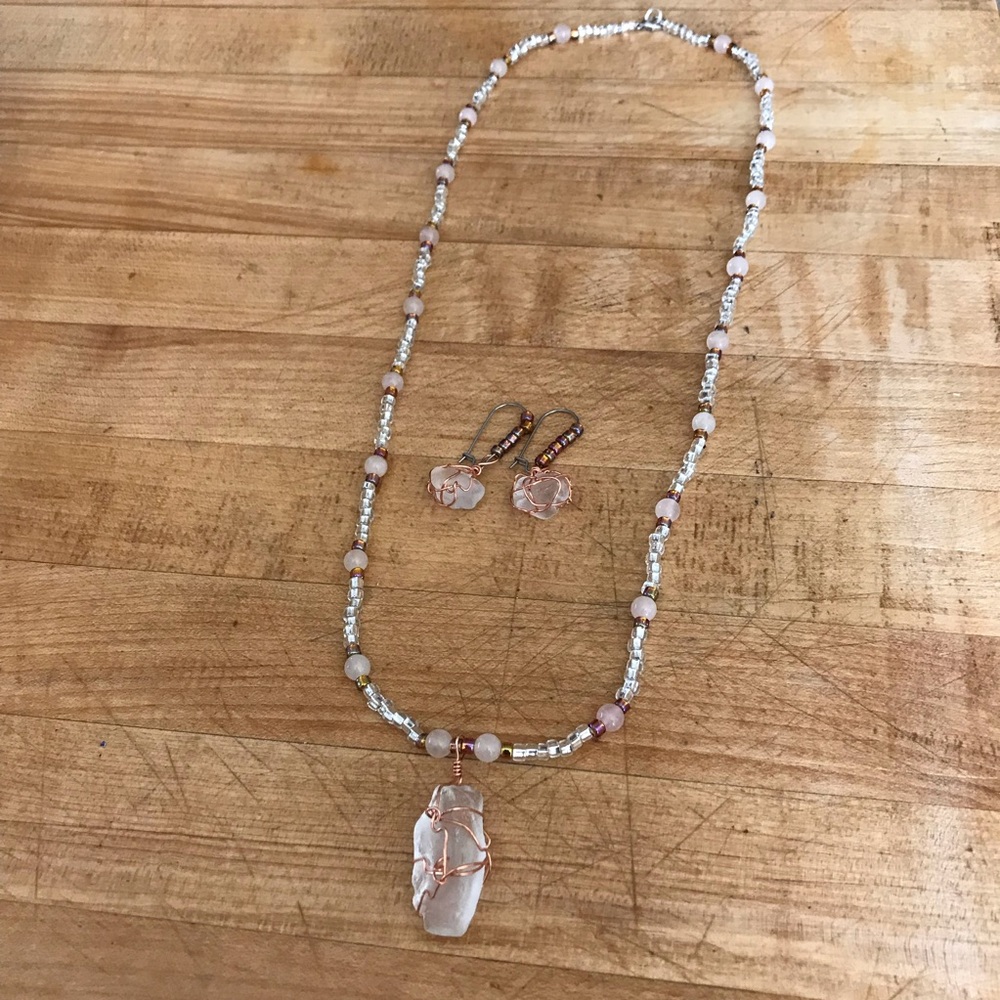 22inch Rose Quartz /glass bead necklace earrings